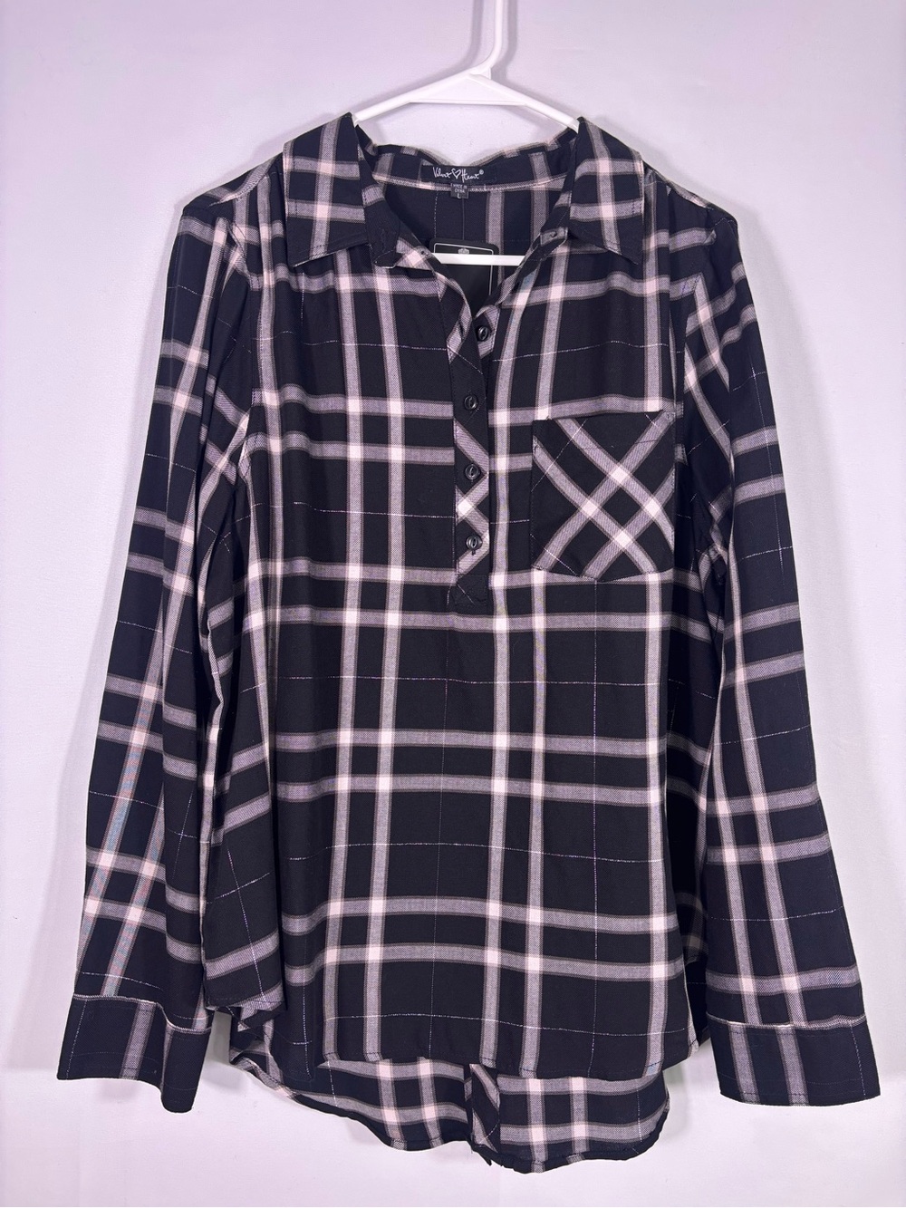 NWT Velvet Heart Black Plaid Shirt Button Back Western Cowgirl Size Large